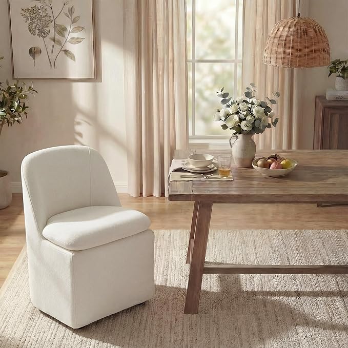 Upholstered Dining Chairs with Casters, Washable Cover Modern Dining Room Cha...