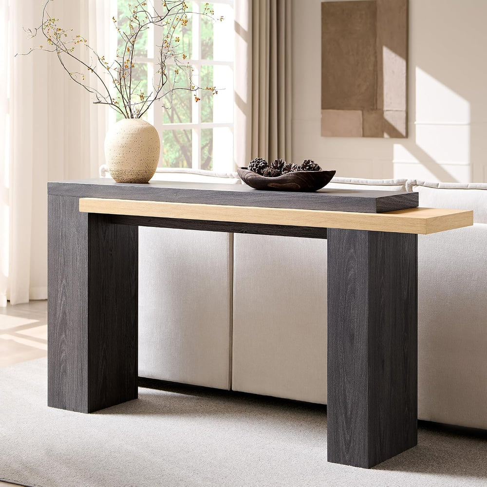 OKD 63" Geometric Console Table with Layered Top, Natural Oak & Dark...
