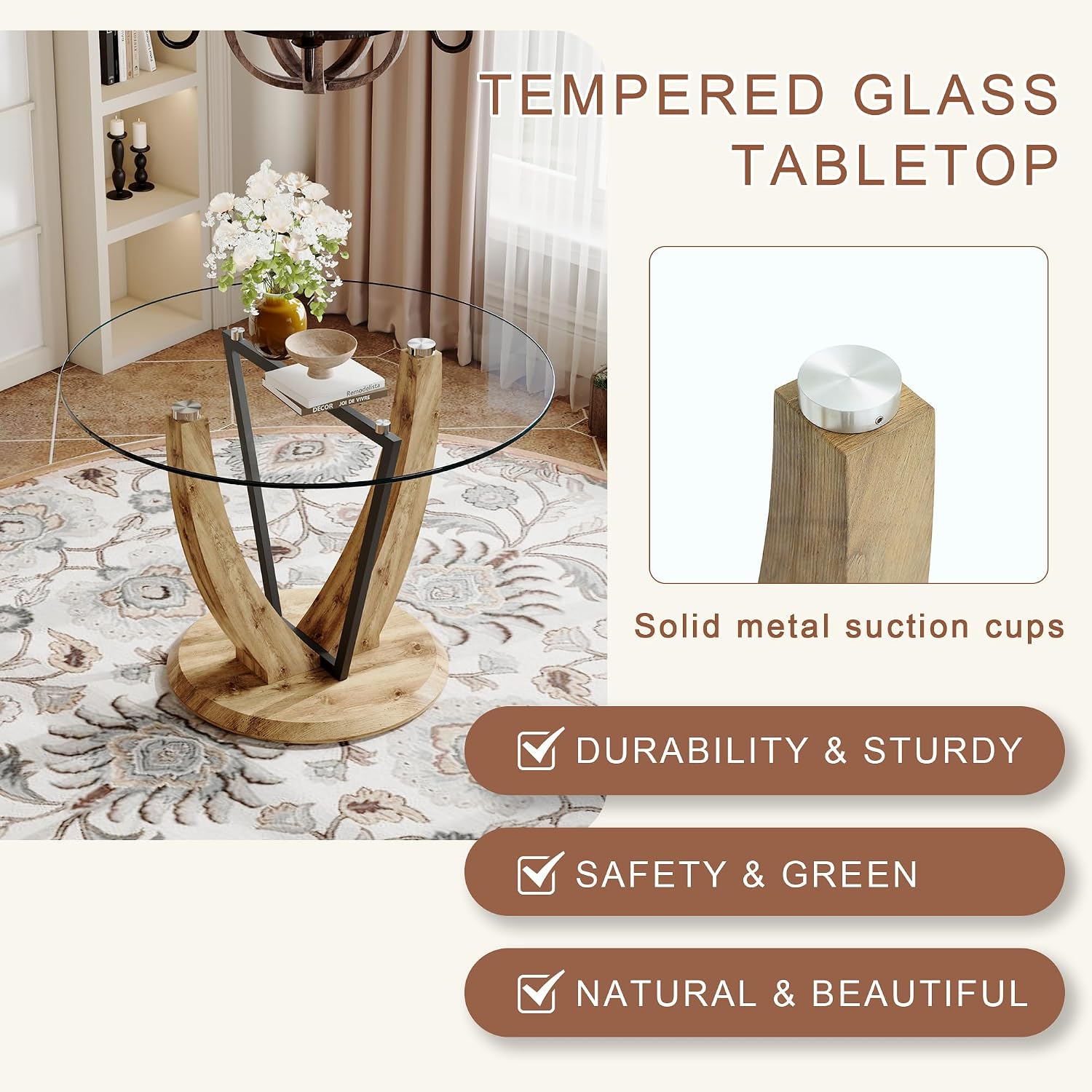 JUFU 42 Inch Round Glass Dining Table for 4, Modern Kitchen Table with Wood Pedestal Base, Small Dining Room Table for Apartment, Breakfast Nook, Living Room, Table Only