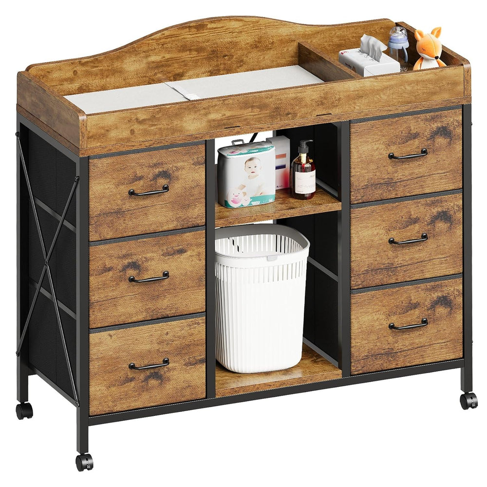 YeTom Changing Table, 6-Drawer Dresser, Adjustable Shelves, Rustic Brown