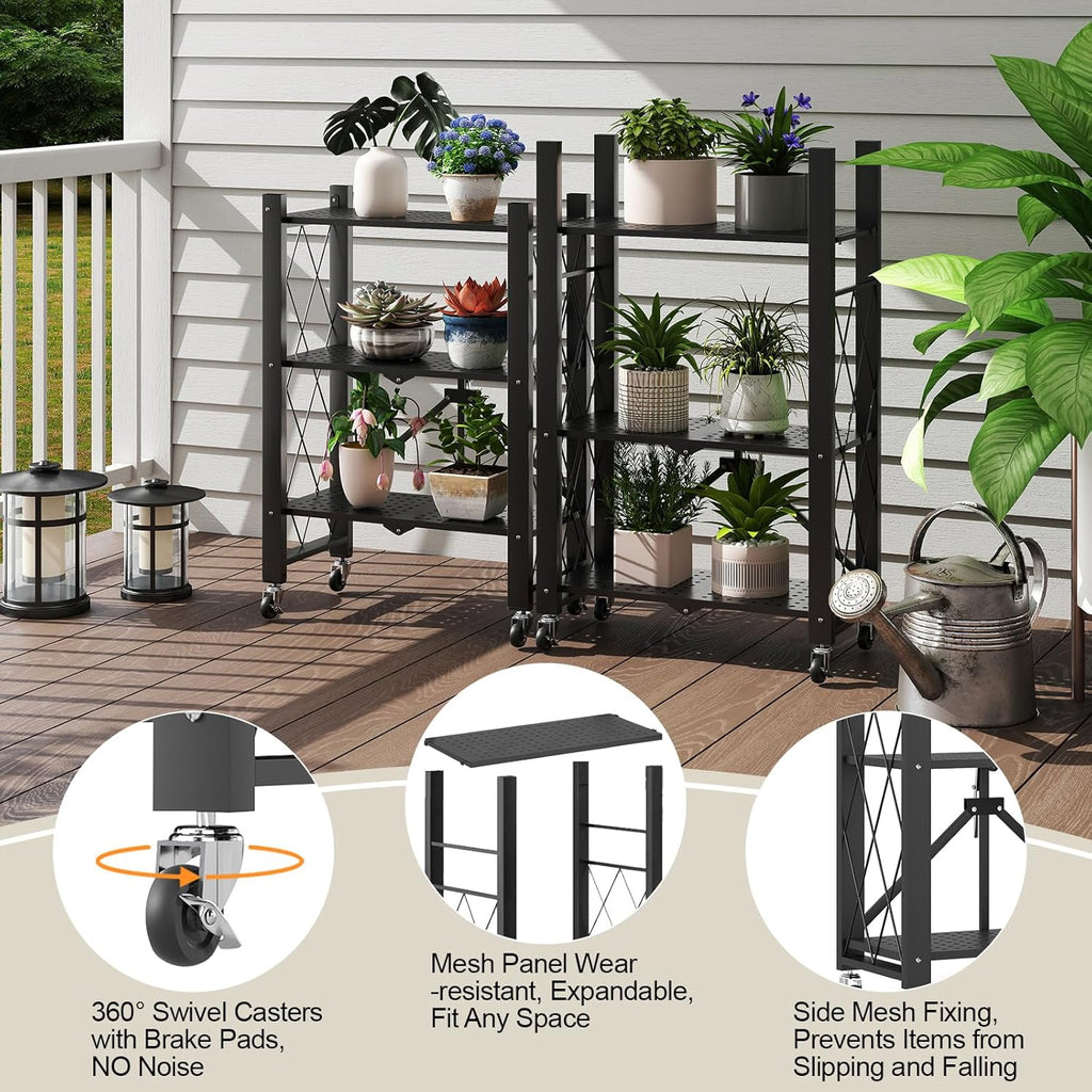 6-Tier Foldable Storage Shelves with Wheels, Folding Metal Shelf Unit, Folding Bookshelf no Assembly, Collapsible Shelves for Craft Shows for Kitchen, Bedroom, Living Room, Black