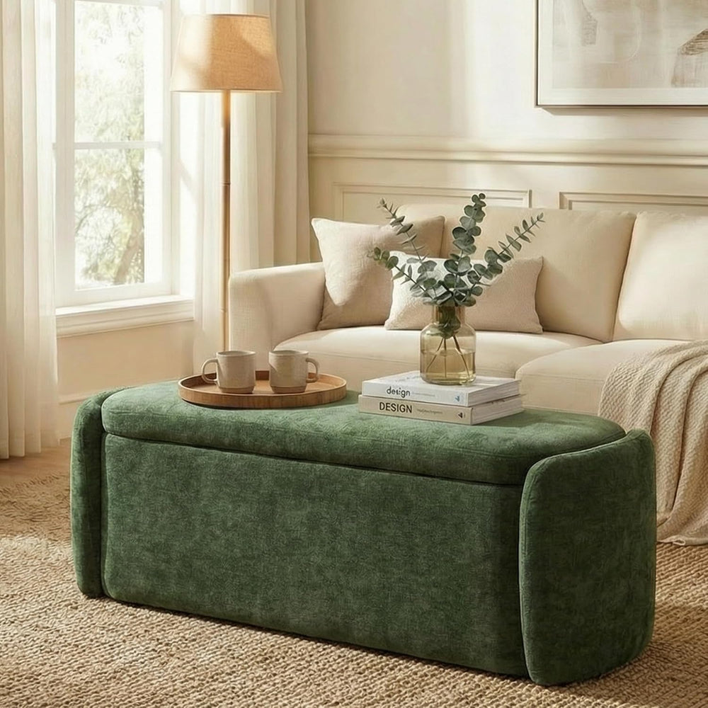 VKNOW Storage Bench, Upholstered Storage Ottoman Bench with Hinge, Green | Ot...