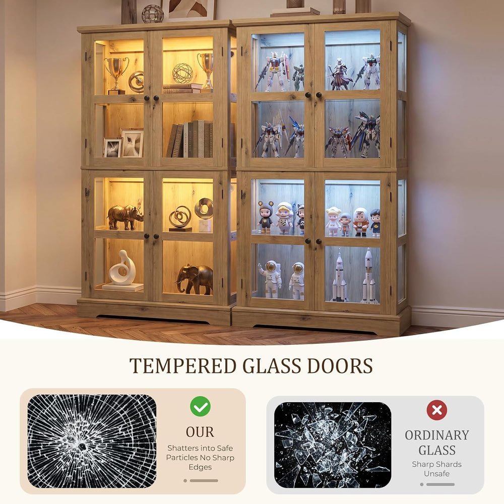 68" Tall Glass Display Cabinet with RGB LED Lights, Yellow Oak | 4-Tier ...