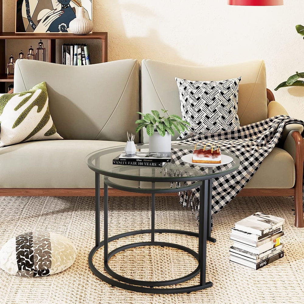 Nesting Coffee Table Set of 2,Modern Black Tempered Glass Side Table, Metal F...