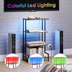 4-Tier AV Media Stand with Power Outlet and LED Lights,Wooden Stereo Stand Cabinet,Game Console Shelf for Small Space,Audio Rack Stand Tower Ideal for Video DVD Players,Xbox