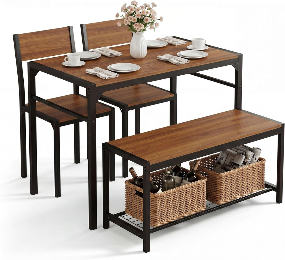 Dining Table Set for 4 with Bench, 4 Pieces Kitchen Table and Chairs, Space-S...