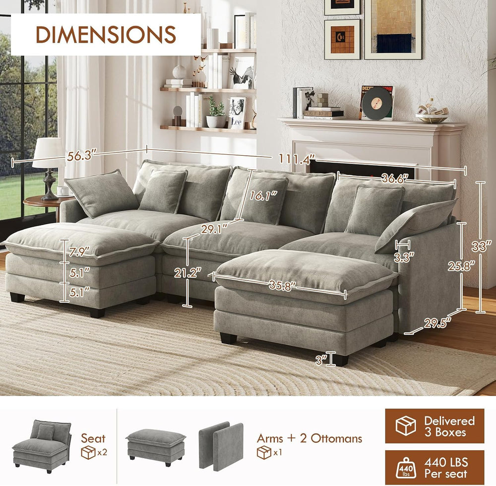 WorthFurni 111.4" Modular Sectional Sofa, U Shape Cloud Couch with 2 Mov...