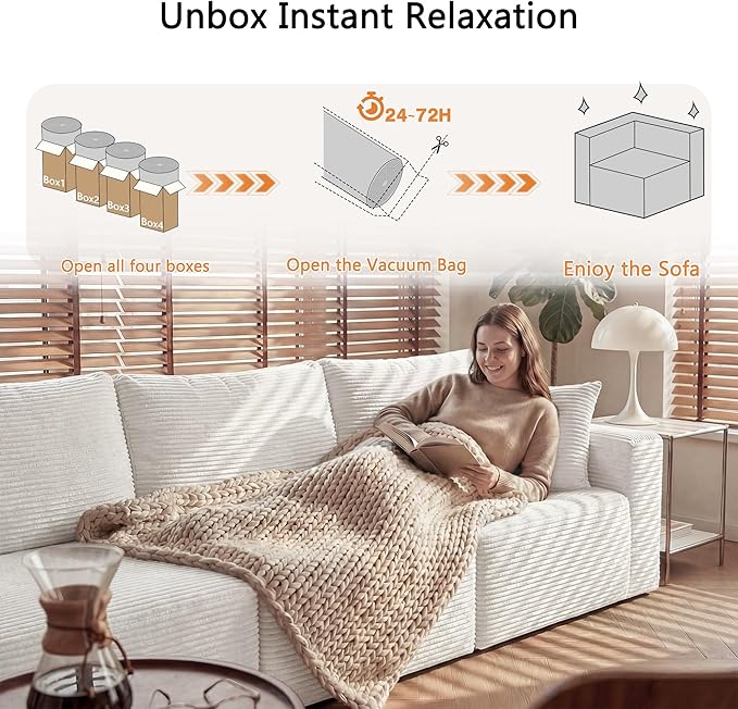 Homall Sectional Couches for Living Room, Modern Boneless Couch with Deep Seat, Upholstered Cloud Sofa, No Assembly Required (Beige, Four-Seater Sofa)