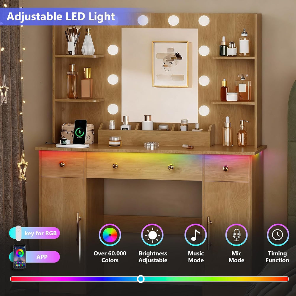 HUANLEGO Vanity Desk with Mirror and LED Lights & Strips for Girls, Oak