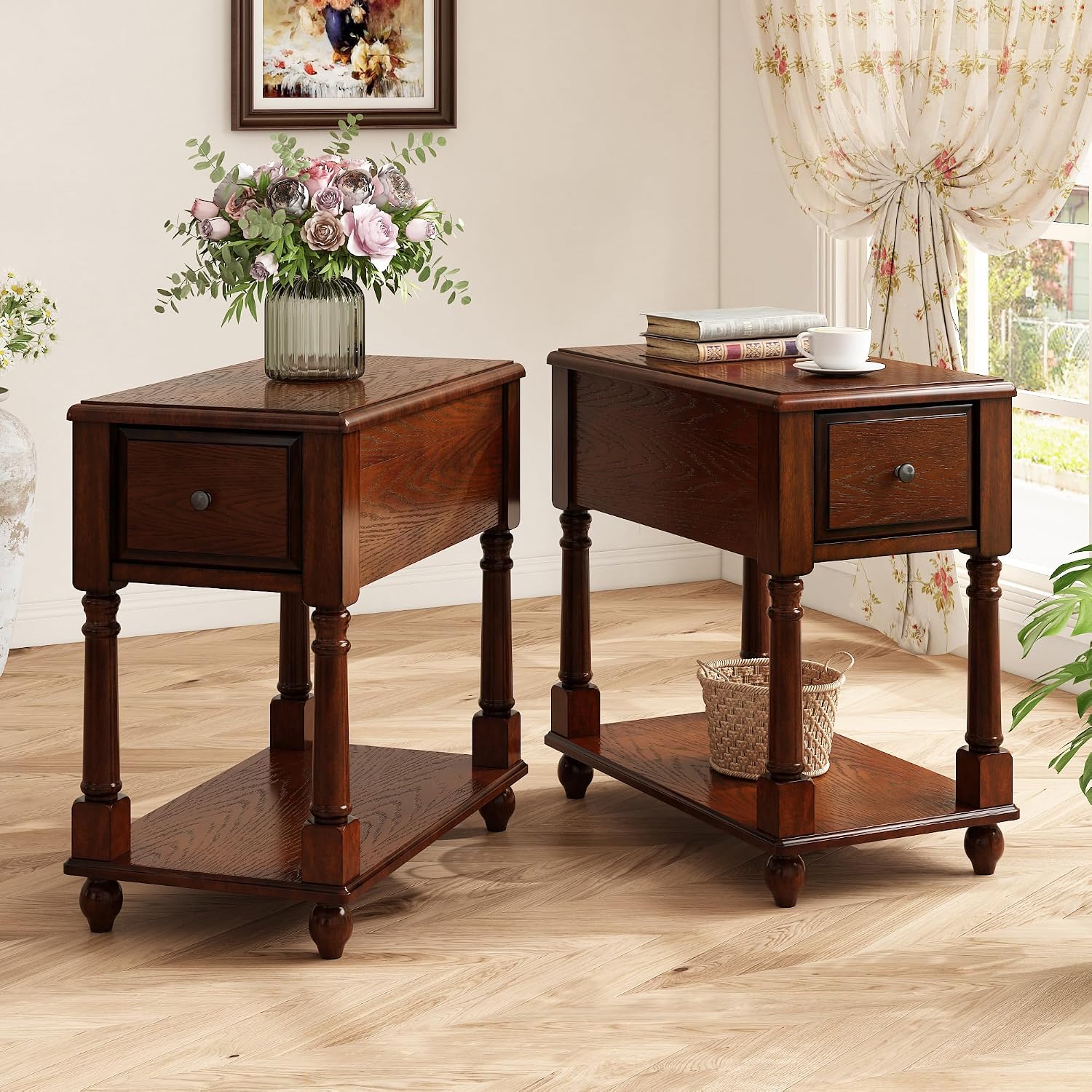Set of 2 Narrow End Table with Drawer, 2-Tier Tables-Cherry Walnut | Skinny End Table with Storage Shelf, Small Nightstand, Tiny Sofa Side Table for Living Room, Wooden Nightstand for Bedroom