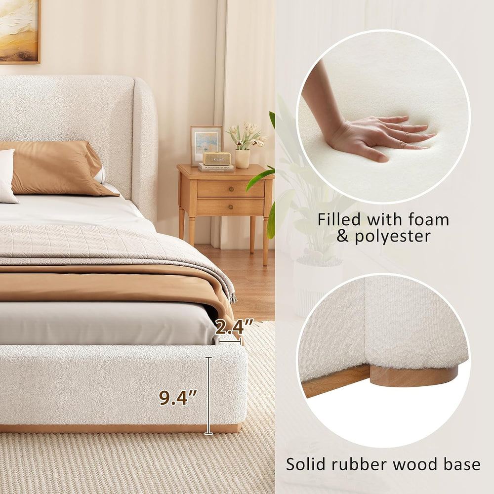 King Size Bed Frame, Rounded Wingback Headboard, Boucle Fabric