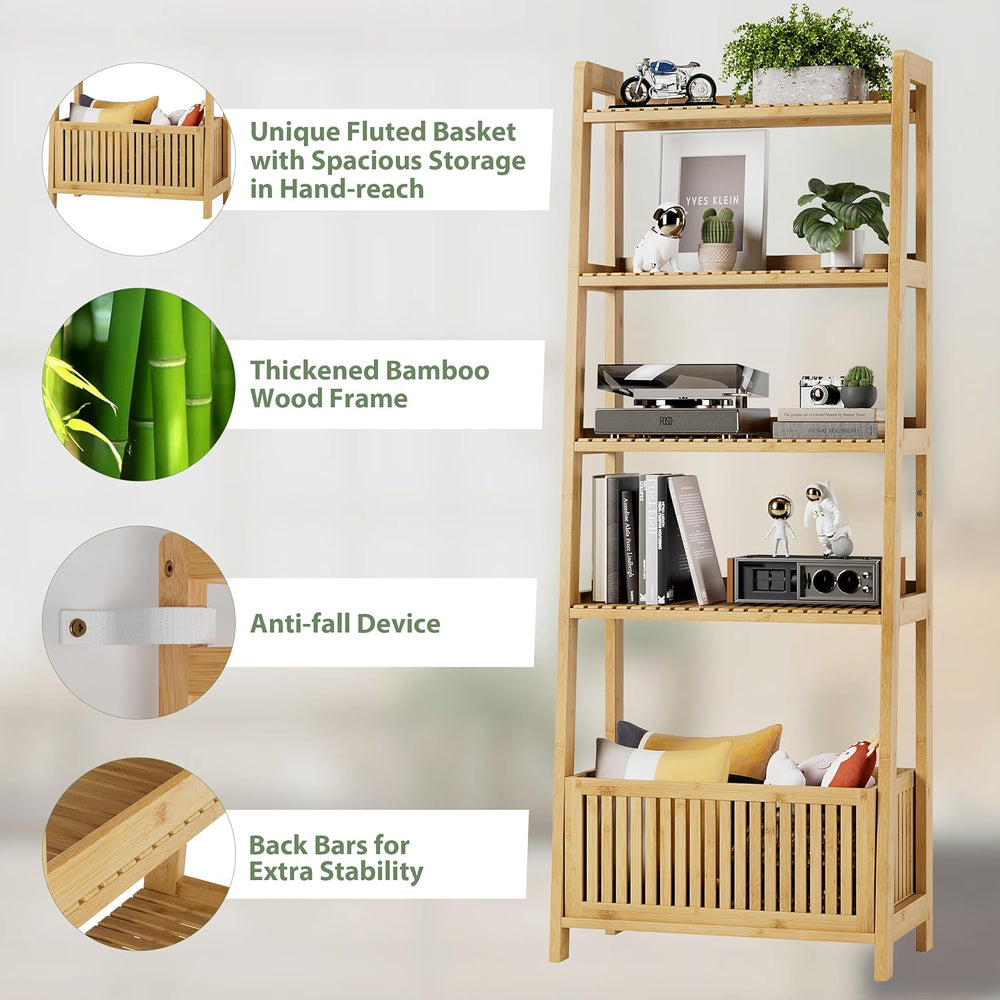 Bamjoy Bamboo Ladder Shelf, Bookshelf with 4 Display Shelves and 1 Open Stora...
