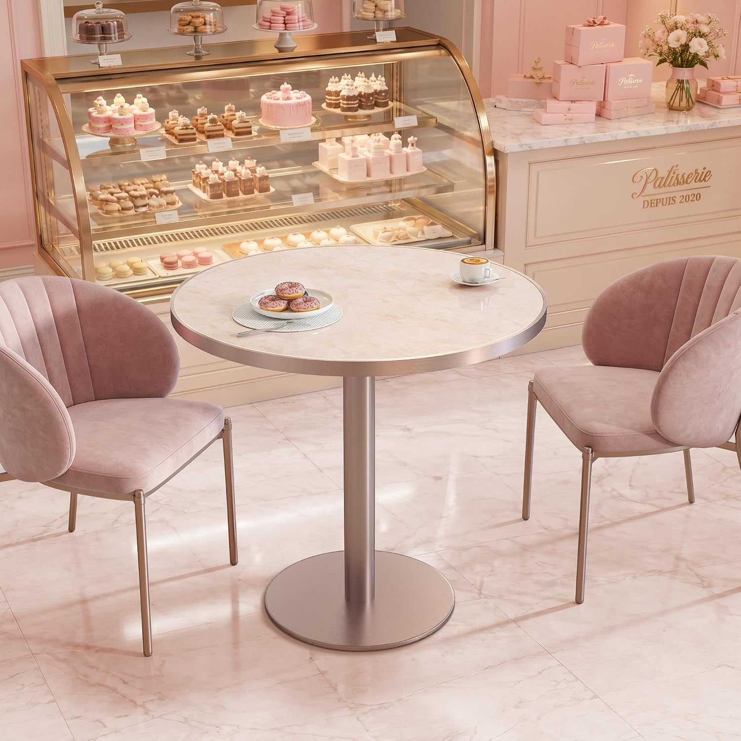 31.5'' Tulip Table, Round Dining Table with Glossy Sintered Stone Tabletop | Rose Gold Aluminum Alloy Edge & Pedestal, Small Bistro Table for Dining Room/Café/Small Spaces/Restaurant (Blush Onyx)