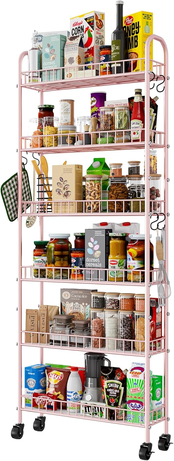 6 Tier Slim Rolling Storage Cart with Wheels, Metal Mobile Shelving Unit Organizer Utility Cart for Office Bathroom Kitchen Laundry Room Narrow Places (Pink 6 Inches)