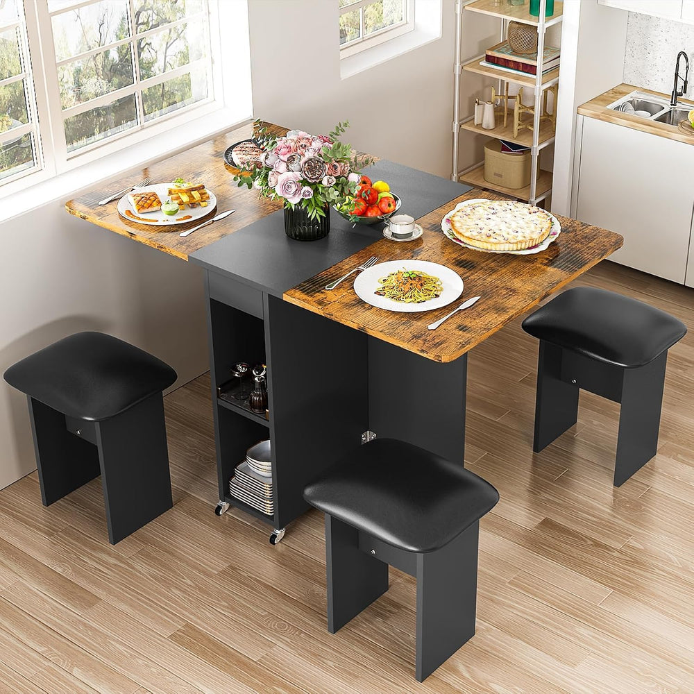 furlinkhm Folding Dining Table Set for 4, Dinner Table with 4 Leather Chairs ...