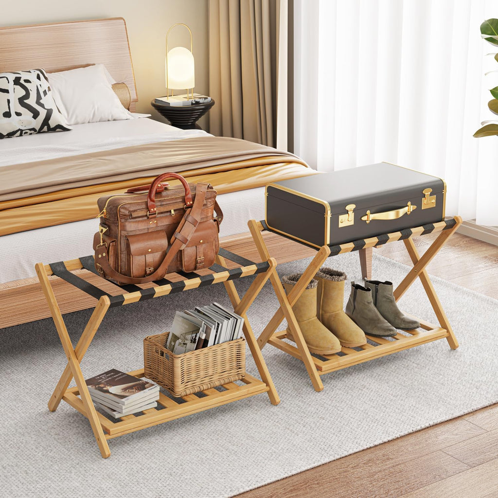 BAMBOOHOMIE Bamboo Luggage Rack for Guest Room, Wide Suitcase Stand with Storage Shelf, Folding Luggage Stand Holder for Bedroom Hotel, 26.77" Thickened Luggage Rack for Suitcases, Natural