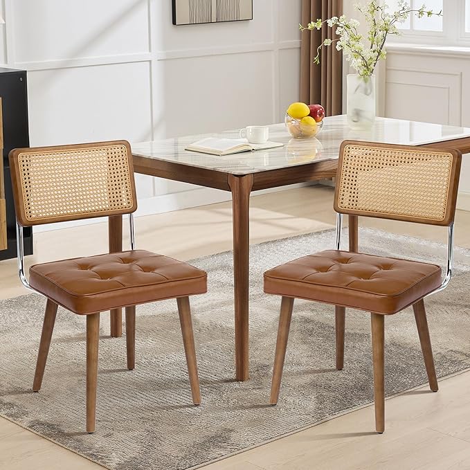 GarveeHome Natural Rattan Dining Chairs Set of 2, PU Upholstered Kitchen Chairs with Tall Cane Backrest and Strong Wood Legs for Dining Room, Kitchen, Restaurant, Brown