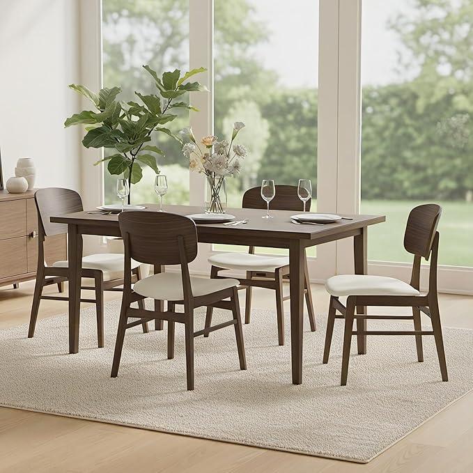 Wooden Dining Chairs Set of 4, Upholstered Modern Dining Room Chairs, Mid Century Oak Kitchen Chairs with Ergonomic Wood Backrest for Farmhouse, Restaurant, Café (Cream Fabric & Walnut Color)
