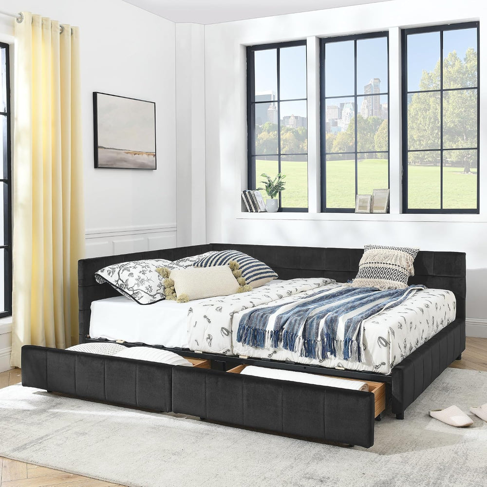 King Size Storage Bed Frame with Upholstered Tufted Headboard, Platform Bed w...
