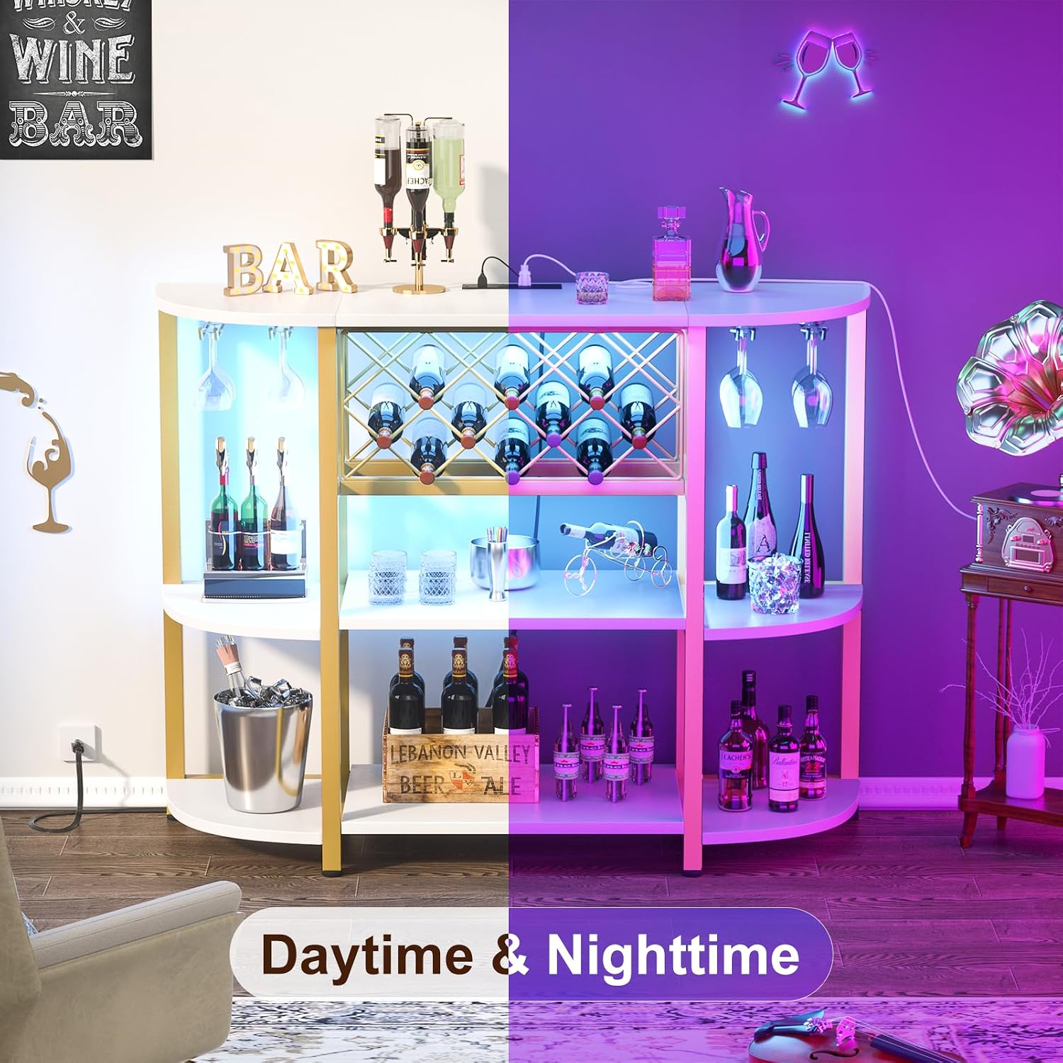 Unikito 4-Tier Coffee Bar Cabinet with Outlet, LED Light & Glass Holder | Metal Frame, Wine Storage, Bakers Rack, Floor Bar Table for Kitchen Dining Room, White and Gold