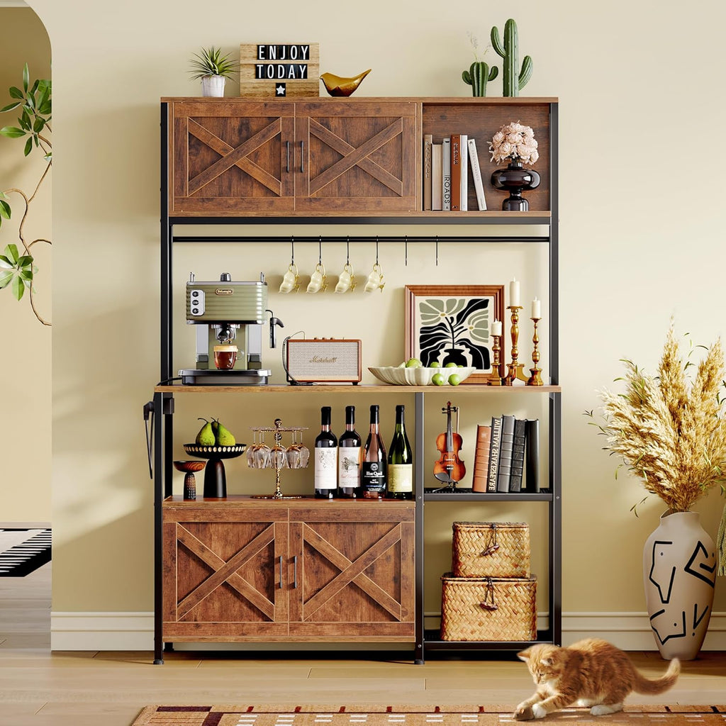Huuger Large Bakers Rack with Power Outlet, Kitchen Microwave Stand with Cabinets, Coffee Bar Table Station with Storage, 6 S-Shaped Hooks, Mesh Shelves, 45 Inch Wooden Top, Rustic Brown