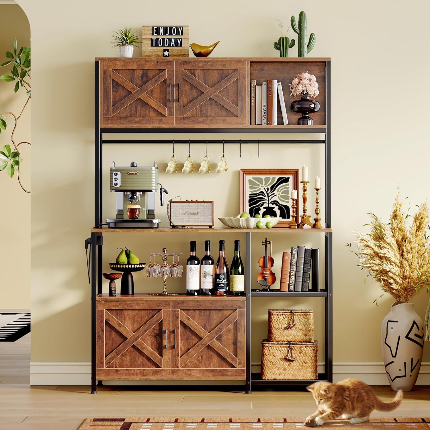 Huuger Large Bakers Rack with Power Outlet, Kitchen Microwave Stand with Cabinets, Coffee Bar Table Station with Storage, 6 S-Shaped Hooks, Mesh Shelves, 45 Inch Wooden Top, Rustic Brown