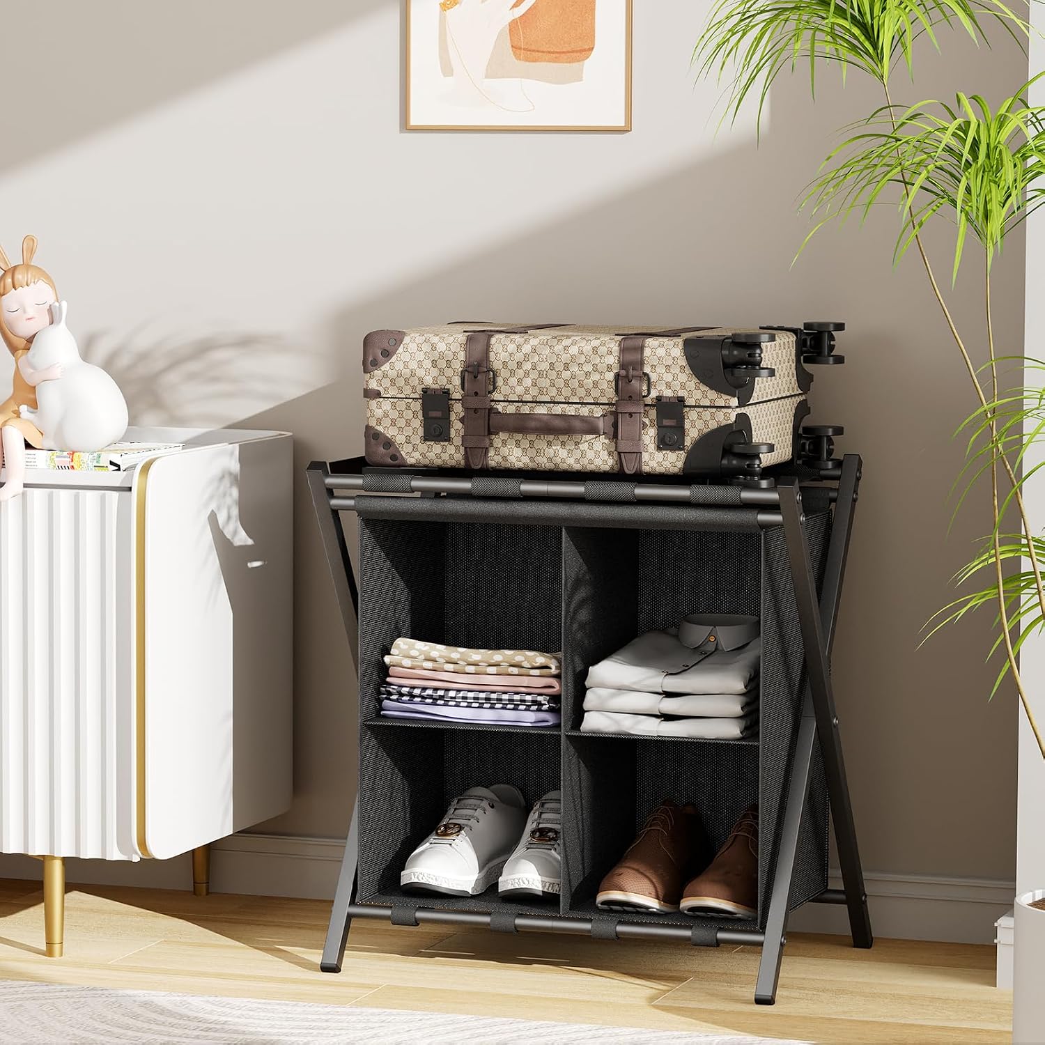 Huhote Luggage Rack for Guest Room, Set of 2, Folding Suitcase Stand with Fabric Storage Shelf, Luggage Holder, Steel Foldable Luggage Stand for Guest Room, Bedroom, Hotel, Black