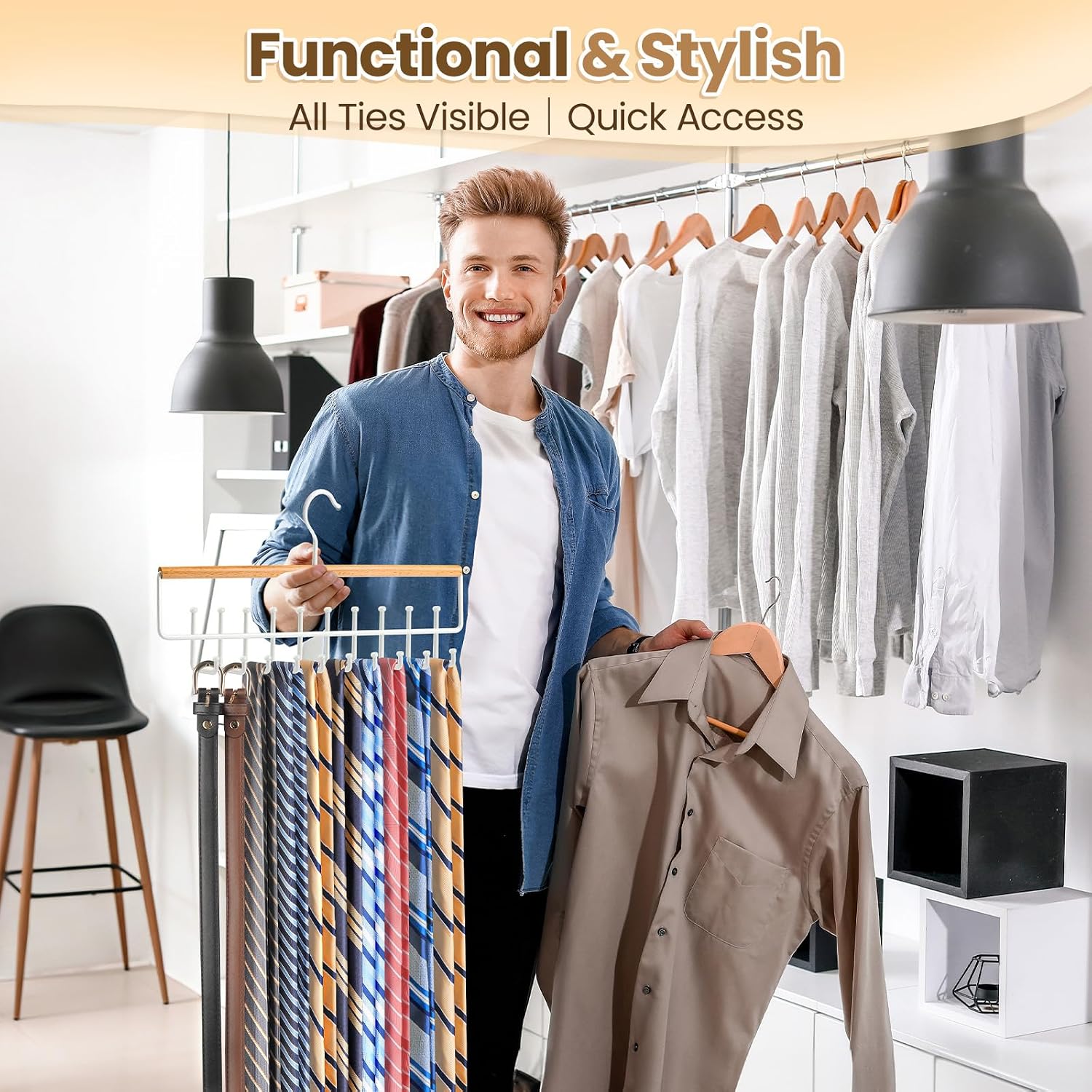 Tie Rack Hanger for Closet Upgraded 2-in-1 Tie and Belt Hanger Non Slip Tie Rack with 20 Hooks Tie Hanger Space Saving Wooden Belt Tie Organizer for Tank Tops Bras Cami Scarves, Wooden