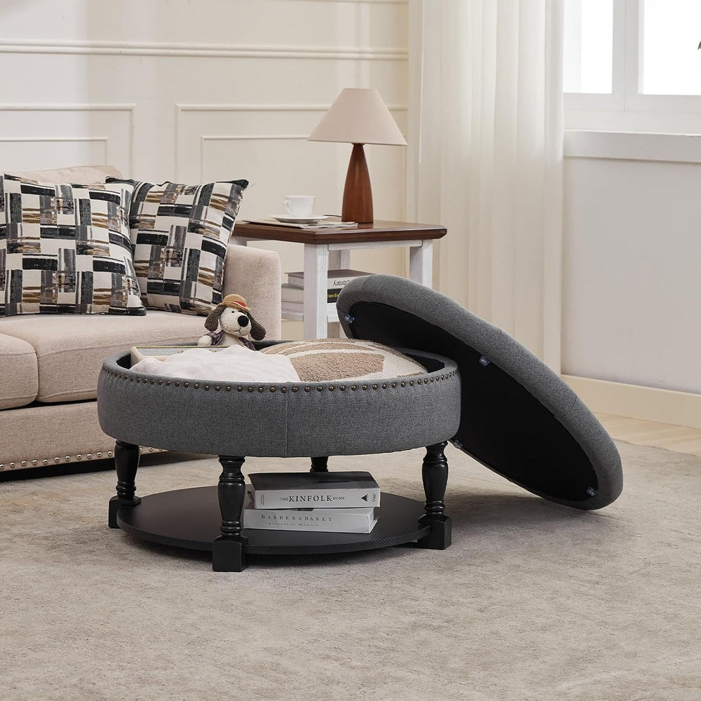 Round Storage Ottoman Coffee Table with Shelf, Fabric Dark Gray | Multi-funct...