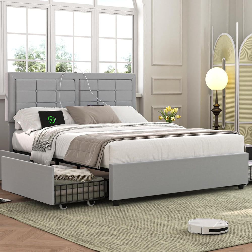 VECELO Queen Size Bed Frame with 4 Storage Drawers & Adjustable Headboard...