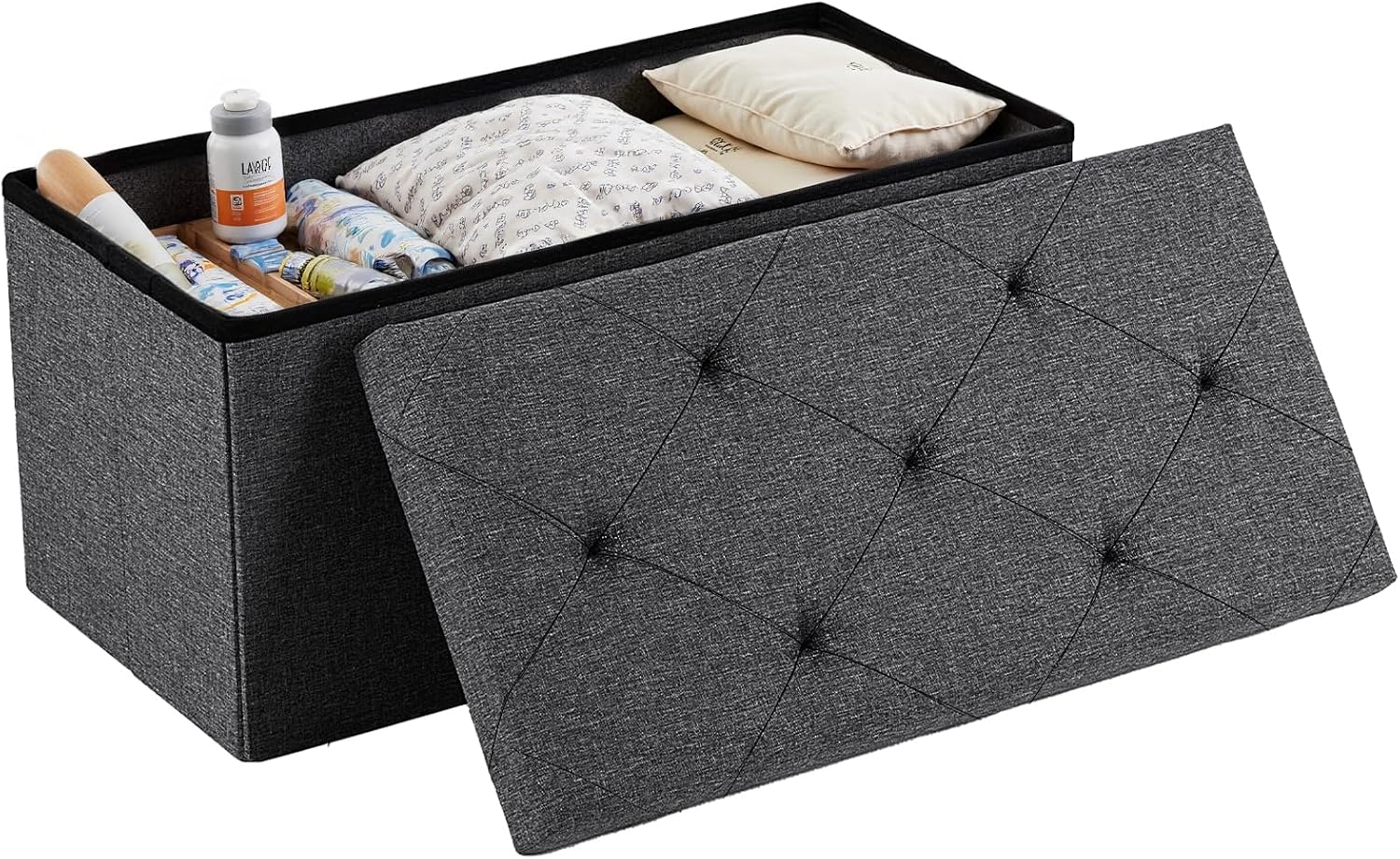 Sweetcrispy 30in Foldable Storage Ottoman Bench, End of Bed Foot Rest Stools Ottoman Storage Chest with Padded Seat for Bedroom, Living Room, Holds up to 660 lb, Modern Grey