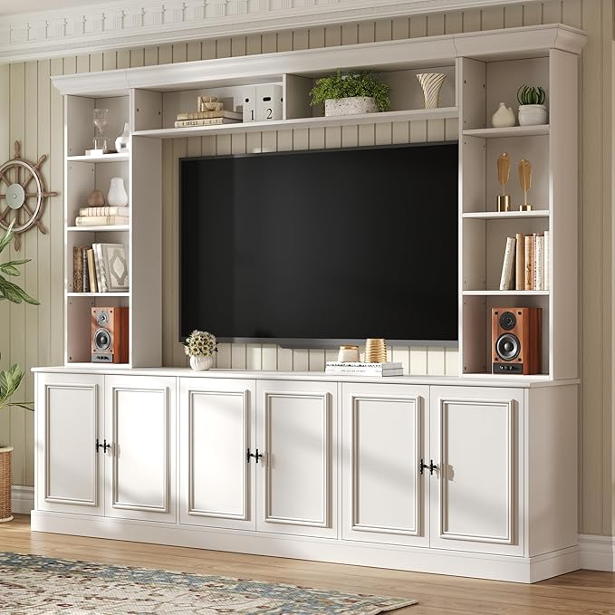 97.4"W Elegant 4-Piece Wall Unit Entertainment Center with Bookshelf for TVs Up to 70", Versatile TV Stand with Adjustable Shelf and Bridge, Mid-Century Media Console for Living Room (White/TV)
