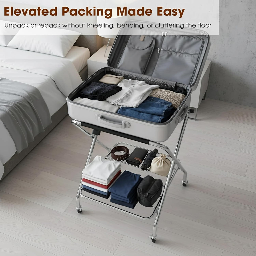Foldable Luggage Rack with Wheels for Guest Room - Metal Frame Folding Suitcase Stand With 2 Shelves - Portable Luggage Storage Rack - Easy Assembly Suitcase Holder for Hotel, Travel and Bedroom