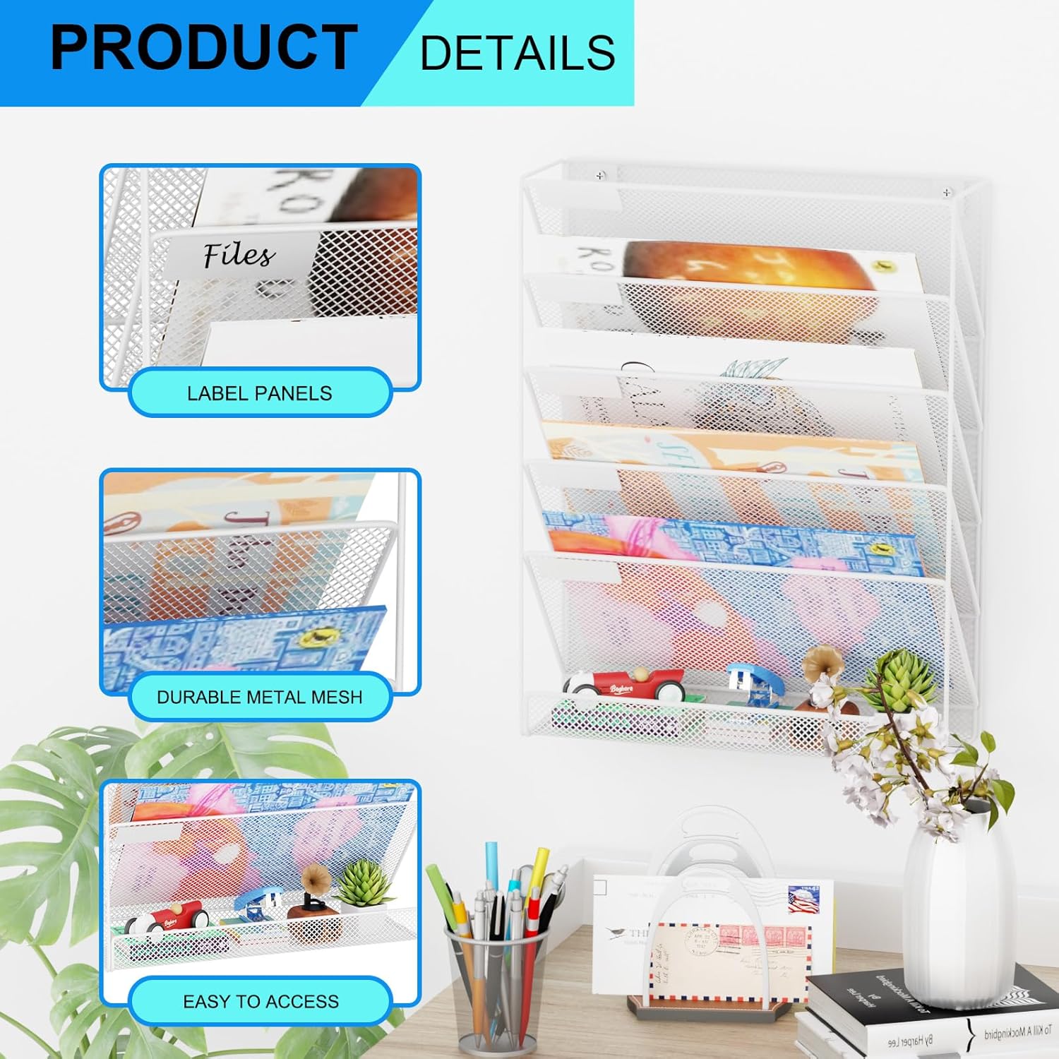 Wall File Organizer Holder Mesh Hanging Paper Document Holder,Vertical 6 Pocket Tier for Office Home, White