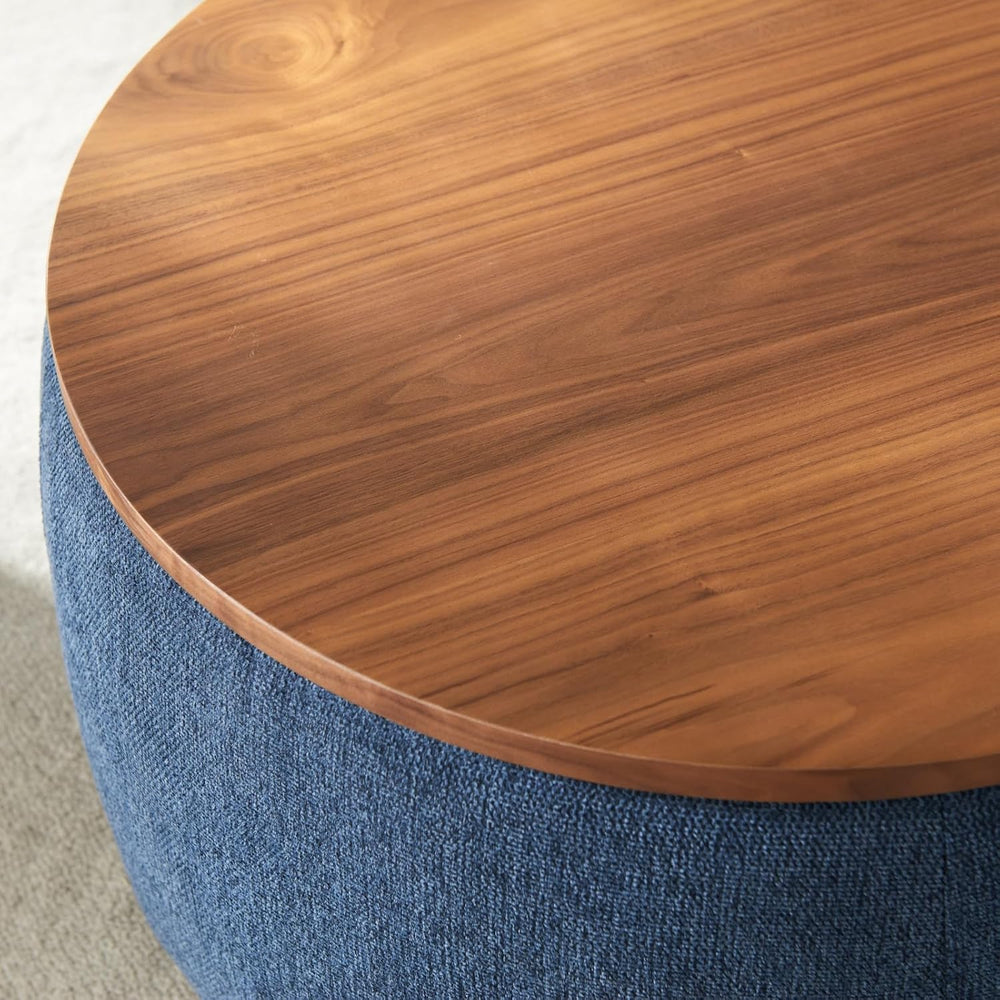 Round Storage Ottoman, 2 in 1 Function, Work as End Table and Ottoman, Navy (...