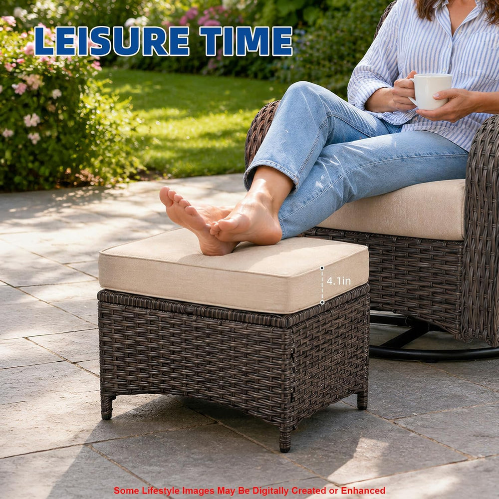 Outdoor Ottoman Set of 2, Rattan Patio Ottoman Footrest Seat with Thickened C...