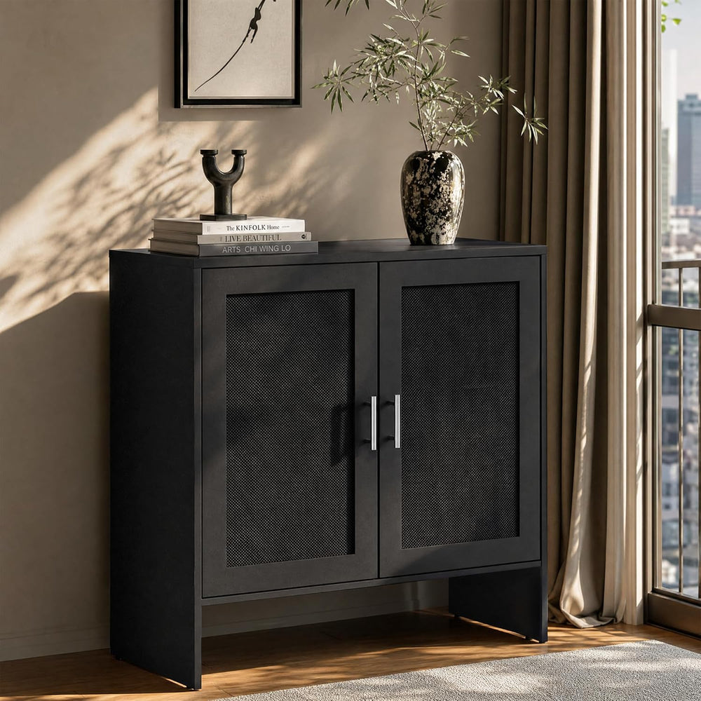 DHZ Buffet Cabinet with Storage, Farmhouse Sideboard with Black Rattan Doors ...