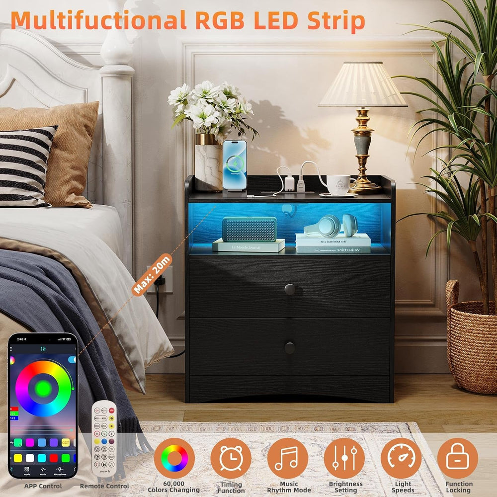 Memobarco 2 Pack Nightstand with Charging Station and LED Light, Black | Mode...