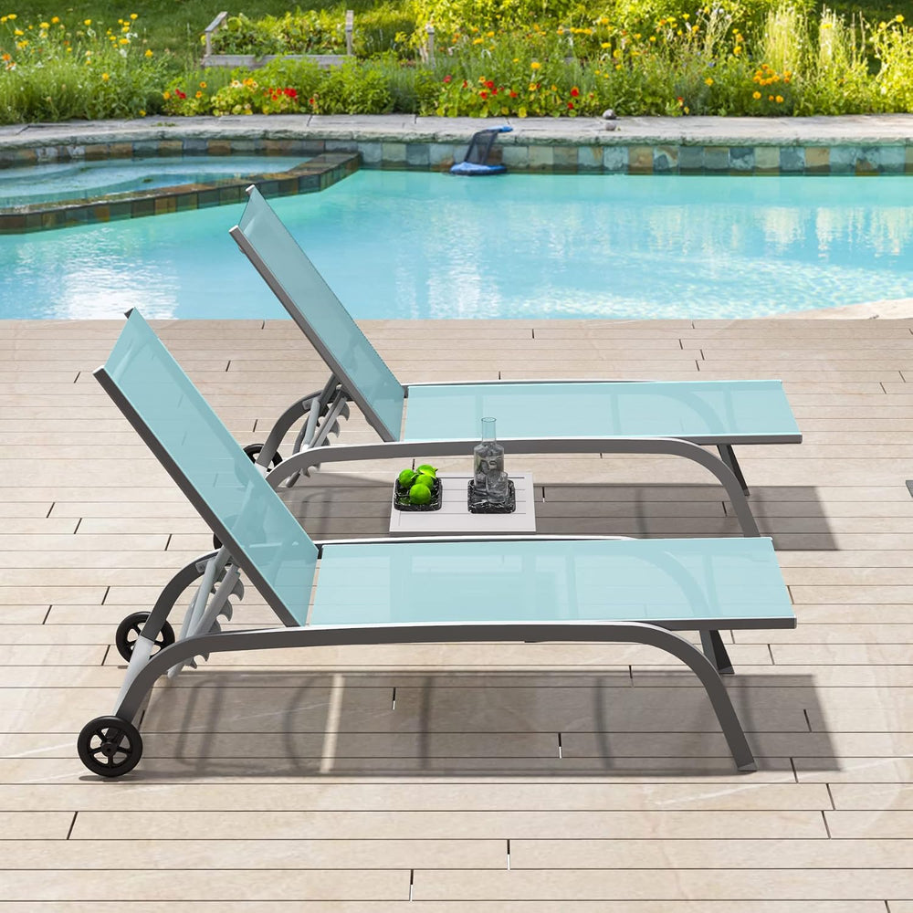 Domi Chaise Lounge Outdoor Set of 3 Lounge Chairs for Outside w/Wheels, 5 Adj...