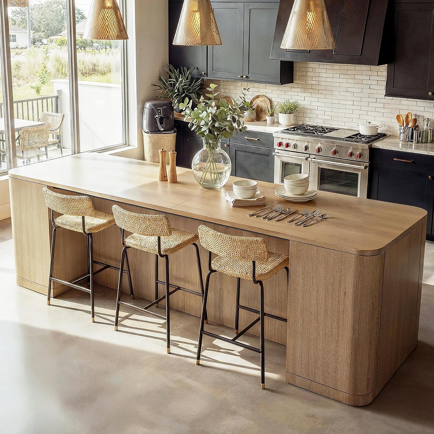 Homsee 110-Inch Large Kitchen Island with Seating & Storage, 8-Door Wood Island Prep Table in Oak Veneer, Curved Design Stationary Kitchen Islands w/Storage Shelves for Dining, Wood Grain