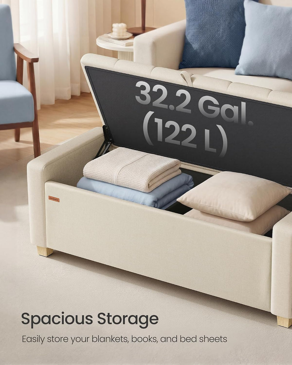 SONGMICS Storage Ottoman, 48 Inches Long Bed End Stool, Solid Wood Legs | But...