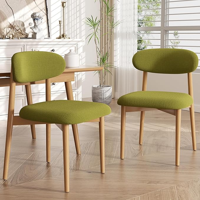 Wooden Dining Chair Set of 1, Modern Dining Chairs with with Curved Back, Fabric Upholstered Kitchen Dining Room Chairs with Adjustable Legs for Farmhouse Dining Living Room,Green
