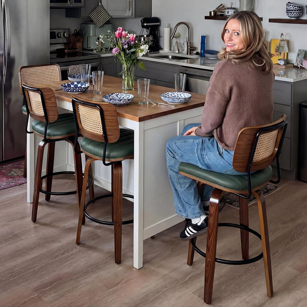 Swivel Bar Height Stools, Mid Century Modern Bar Stools wit Curved Back | Solid Bentwood Frame, Walnut Finish, Cane Back, PU Leather Upholstered Seat, Kitchen BarStools for Bar, Cafe, Pub, Restaurant