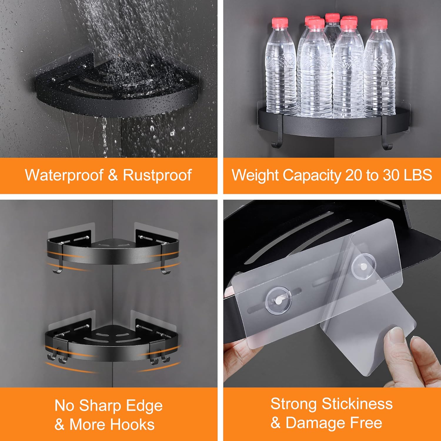 Adhesive Corner Shower Caddy with Hooks,Bathroom Shower Organizer, No Drilling Rust Proof Aluminum Shower Shelf for Inside Shower 2 Pack (Black)