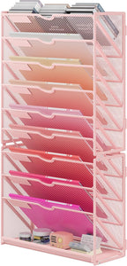 Lavatino 10-Tier Hanging Wall File Folders Organizer - Pink Metal Mesh Paper Magazine Document Mail Holder File Organizer for Office School Home Wall Mount or Desk Supplies Organization