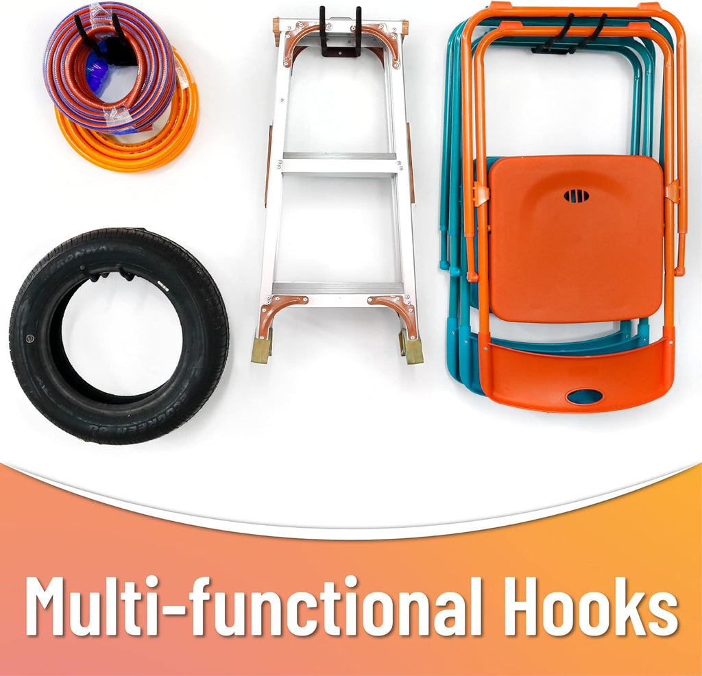 HUHOLE Garage Hooks, Ladder Hangers for Garage Wall, Shovel Holder, 4 Pack Heavy Duty Hook for Ladder, Rake, Folding Chair, Yard Tools, Garden Tool, 12” Wave Curved Utility Hooks