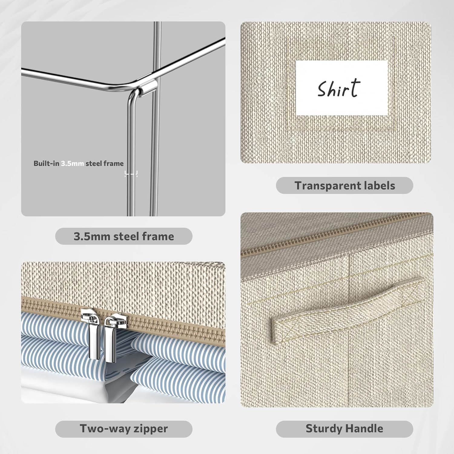 CYhom Clothes Storage Bins Box - Linen Fabric Foldable Stackable Container Organizer Set with Clear Window & Carry Handles & Metal Frame for Bedding, Blankets, Books (Beige, Medium-36L)