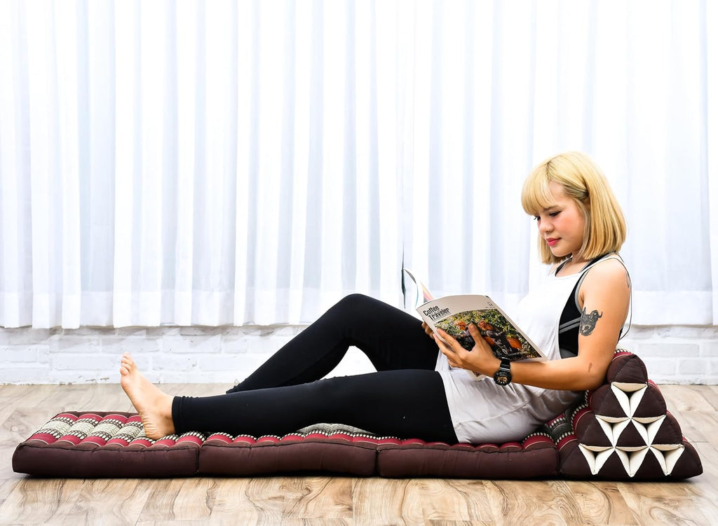 Leewadee - Comfortable Japanese Floor Mattress Used As Thai Floor Bed with Triangle Cushion, Futon Mattress Or Thai Massage Mat, 67 x 21 inches, Brown Red | Floor & lounge cushion for relaxing, reading & TV - for meditation & yoga, firm & stable