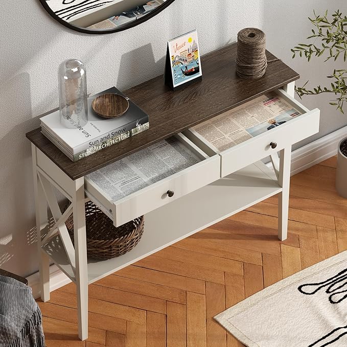 ChooChoo Farmhouse Console Table with Drawers, Narrow Wood Accent Sofa Table Entryway Table with Storage Shelf for Entryway, Front Hall, Hallway, Living Room, Antique White & Brown