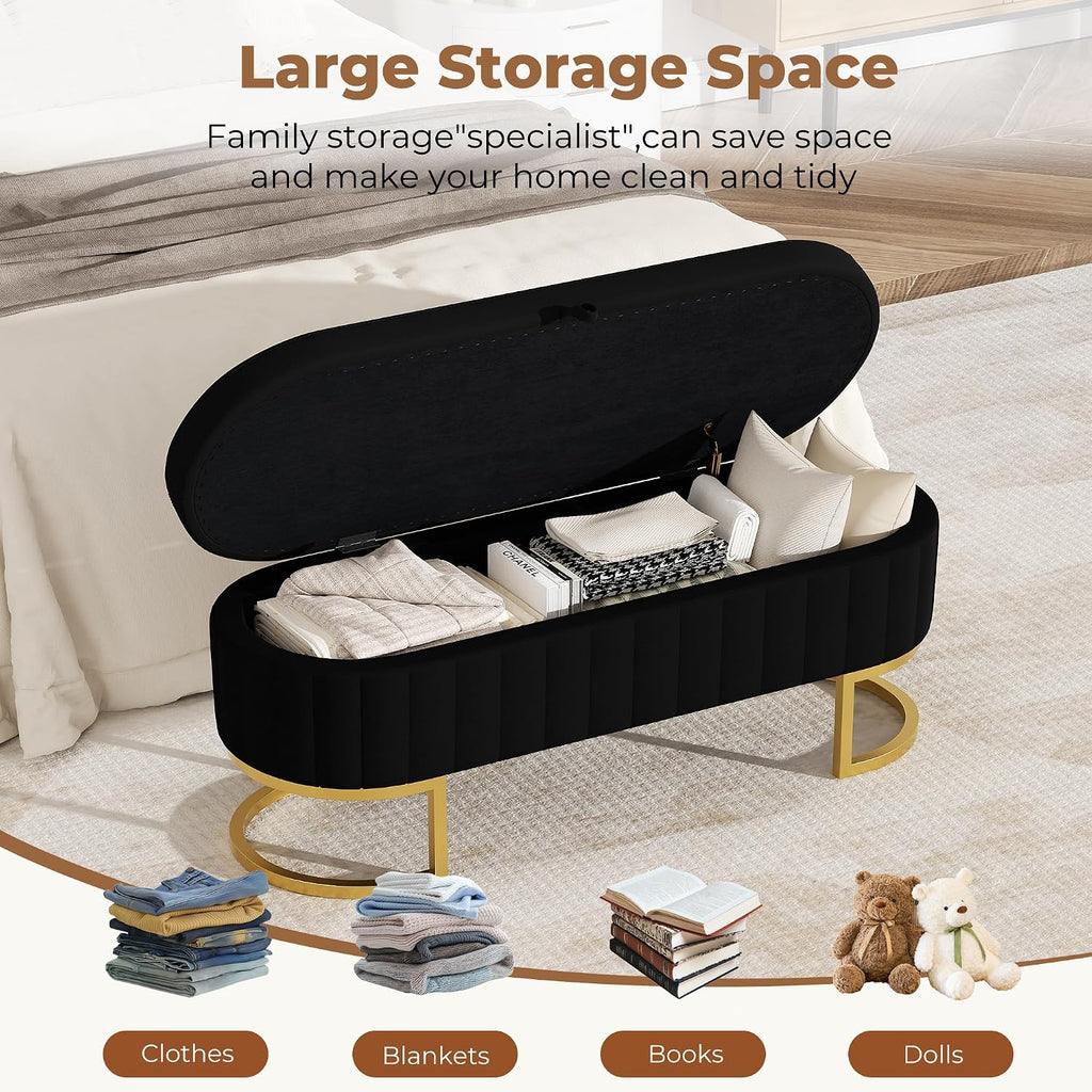 Storage Ottoman Bench, 45" Velvet End of Bed Bench Bedroom Bench with Golden Metal Legs, Upholstered Storage Bench for Bedroom Living Room Entryway and Window, Black
